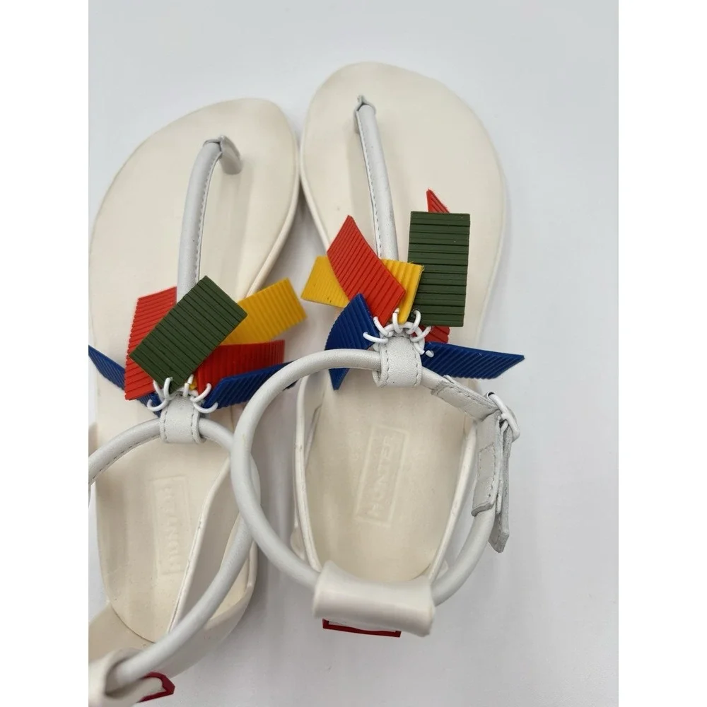 Hunter Original White T-Strap Sandals Rainbow Fringe Charms Women's US 6